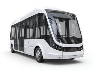 Modern white and black city bus, front-facing, isolated on white background, showcasing sleek design and accessibility features.