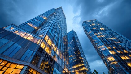 Low angle view of modern glass skyscrapers at dusk