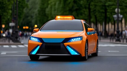Fototapeta premium A sleek, high-tech vehicle with a bold orange and blue color scheme navigates the busy streets of an urban environment, showcasing the latest advancements in sustainable transportation technology.