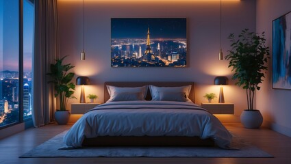 Elegant minimalist bedroom showcases panoramic night cityscape artwork with high fidelity details in a calming and sophisticated atmosphere.
