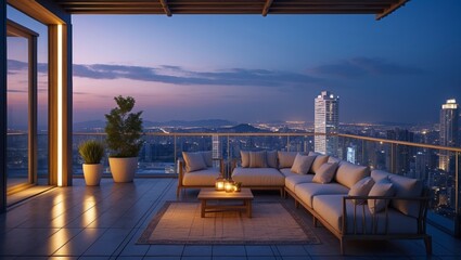 Fototapeta premium Luxury open air terrace features cozy seating area with cityscape view as dusk settles in, creating a high fidelity, inviting ambiance.
