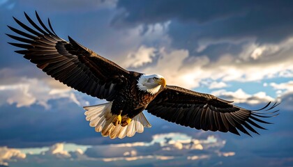 Obraz premium majestic bald eagle flying cloudy sky