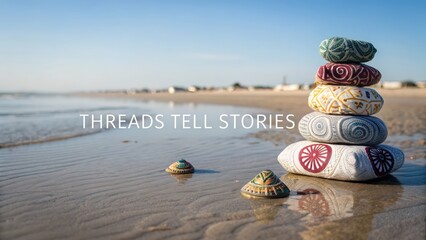 Decorative painted stones stacked on beach with calm sea background