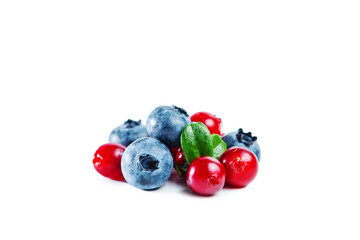 Ripe shiny lingonberries and blueberries with leaves isolated on white background.