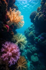 A vibrant underwater scene showcases a colorful coral reef teeming with marine life, creating a captivating and exotic seascape that invites exploration and wonder