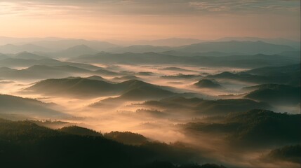 Obraz premium Misty silent hills at dawn covered in fog, cinematic landscape style