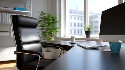 A modern, minimalist office desk setup with a computer, chair, and potted plant by a large window, creating a calm and productive work environment.