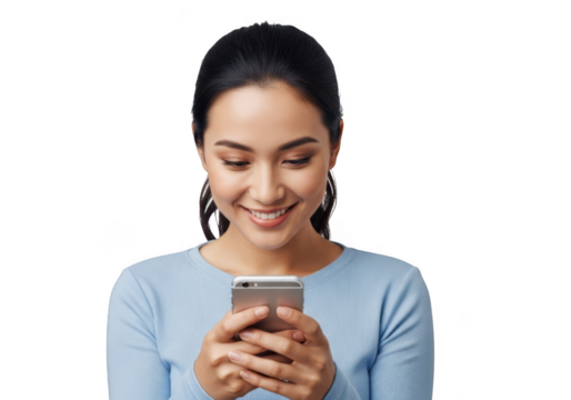 Young woman smiling while texting on her mobile phone with a subtle smile transparent background