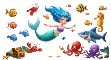 Obraz premium Underwater scene with a mermaid, shark, octopus, fish, seahorse, lobster, and treasure chest, isolated on transparent background