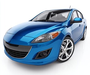A glossy, vibrant blue car is presented against a stark white background, showcasing its sleek design and reflective surface.