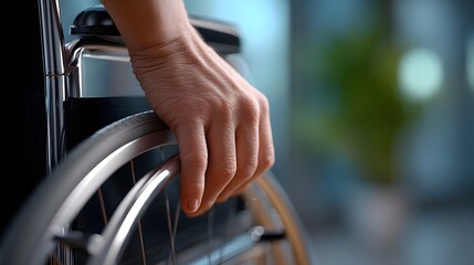 Obraz premium A close-up view of a person's hand firmly gripping the wheel of a wheelchair, highlighting the importance of mobility aids and accessibility for those with disabilities.