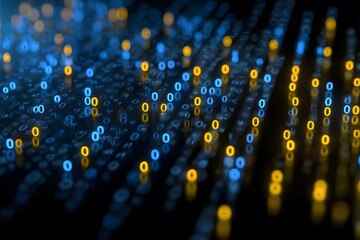 Digital background featuring blue and yellow numbers on a black backdrop, creating an abstract representation of data flow with bokeh lights.