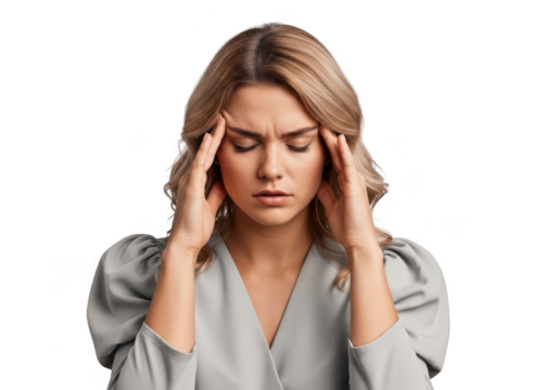Woman experiencing intense headache and migraine pain holding temples with closed eyes transparent background