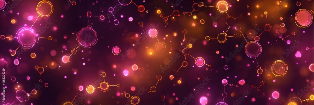 Poster vibrant abstract design shows molecular structures intertwined with glowing particles against a dark