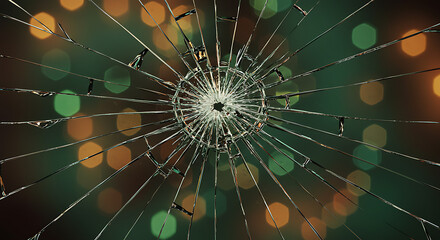 Shattered glass spiderweb with colorful blurred background creating a striking visual impression