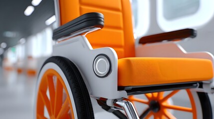 Vibrant orange wheelchair with gray metal frame, designed for improved mobility and accessibility for disabled individuals in medical settings.