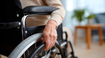 Obraz premium An elderly person's hands resting on the armrests of a wheelchair, highlighting the importance of mobility aids and support for maintaining independence and dignity in later stages of life.