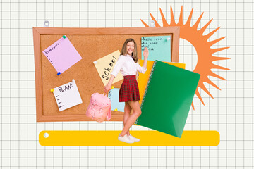 Template sketch collage of young teenager schoolgirl stand smile board plant schedule copybook back...