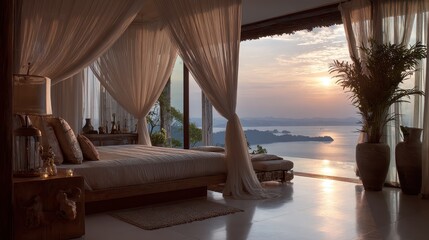 Fototapeta premium A bedroom with a view of the ocean
