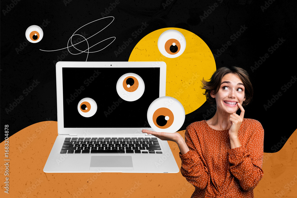 Poster composite sketch artwork photo collage of escape remote vision look spy hacker young lady smile netb