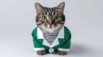 A close-up portrait of a tabby cat with vibrant green eyes, wearing a stylish green and white striped outfit and collar, looking intently at the
