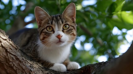 Fototapeta premium A captivating house cat peeking out from the lush green foliage of a tree, observing its surroundings with a calm and focused gaze.