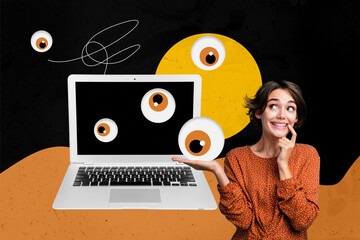 Composite sketch artwork photo collage of escape remote vision look spy hacker young lady smile...
