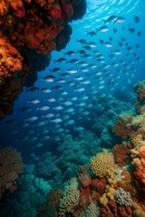 A vibrant underwater ecosystem teeming with life, showcasing a school of fish swimming amidst colorful coral reefs in the deep blue ocean, a testament to natures beauty