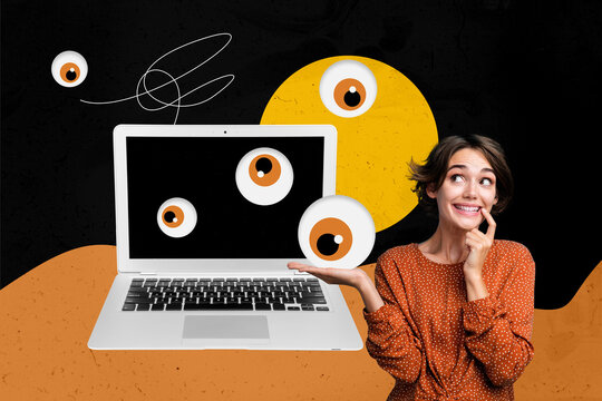 Composite sketch artwork photo collage of escape remote vision look spy hacker young lady smile netbook computer virtual technology remote
