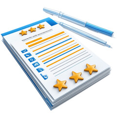 Customer feedback form with star ratings and checkmarks accompanied by pens ideal for surveys and service evaluations ensuring quality control on transparent background