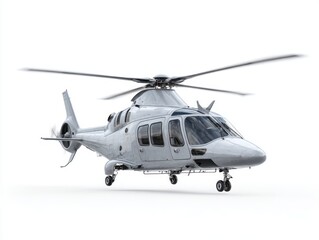 A light gray helicopter is displayed against a plain white background, showcasing its sleek design and intricate details.