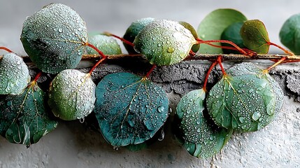 Fresh Green Leaves with Water Droplets on Gray Surface in Natural Light Setting