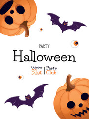 Halloween party invitation poster hand drawn. Lantern pumpkin, lollipops, and a bat. Concept of banner, greeting card, invitation, poster. Vector illustration.
