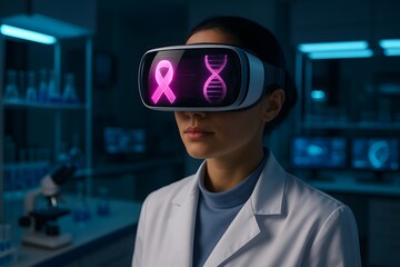 Female Scientist in Laboratory Using VR Headset with Holographic Pink Ribbon and DNA Helix for Futuristic Medical Research and Biotechnology Innovation