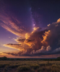 Fototapeta premium Dramatic sunset with clouds over a field at dusk