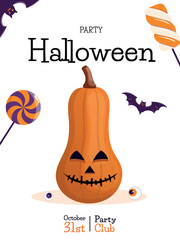 Halloween party invitation poster hand drawn. Lantern pumpkin, lollipops, candy and a bat. Concept of banner, greeting card, invitation, poster. Vector illustration.