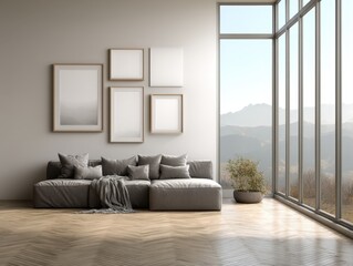 A living room with a couch and a potted plant