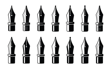 Pen Nib Vector Collection, Black Silhouette Fountain Pen Tips, 15 Decorative Nibs, Minimalist Illustration, Symmetrical Arrangement, Writing Tool Vector, Vector Artwork