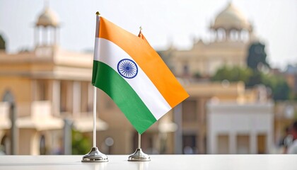Tabletop Indian flag on desk in well-lit office setting with bookshelves, decor, and potted plant, symbolizing national pride, cultural presence, and professional representation.