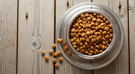 Top-down view of a stainless steel dog bowl filled with dry kibble food on wooden surface