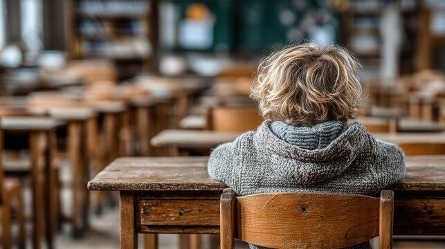 A young Caucasian boy with curly hair sits at a wooden desk in an empty classroom. The room has rows of desks and a chalkboard in the background. - Powered by Adobe