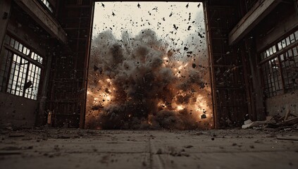 Fototapeta premium Massive explosion erupts through a large doorway in a derelict building, sending debris and smoke into the air