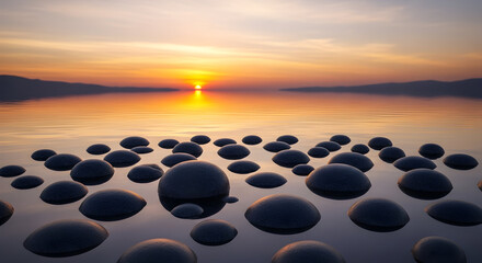 Obraz premium Zen stones in calm water reflecting the sunset, creating a peaceful atmosphere and serene landscape