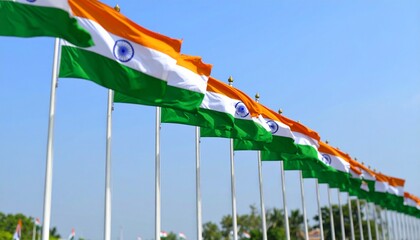 Row of Indian flags fluttering on tall flagpoles against clear sky, with wind turbines in background