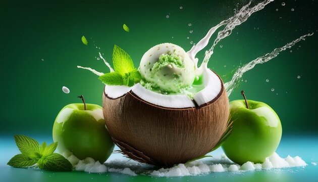 fresh green pandan coconut shell bursting with coconut milk green apples and vibrant mint ice cream surrounded by splashes and leaves