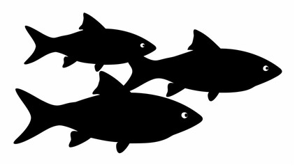 Three black fish swimming together in a group with white eyes and fins on a white background design