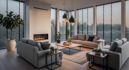 Modern living room with large windows fireplace and comfortable seating creates a cozy and stylish atmosphere