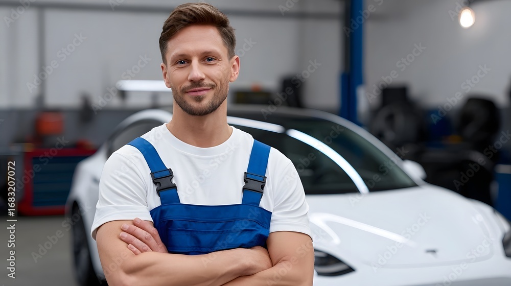 Poster smiling auto repair service worker in uniform standing with arms crossed in a garage workshop settin
