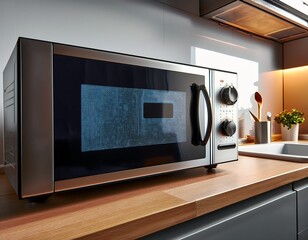 Fototapeta premium a sleek microwave oven in a modern kitchen displaying its digital timer as food heats up inside