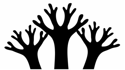 Fototapeta premium Silhouette illustration of three stylized trees with multiple branches against a white background design element